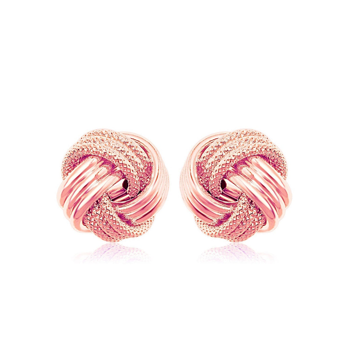 14k rose gold love knot earrings with ridge texture by Avera Group