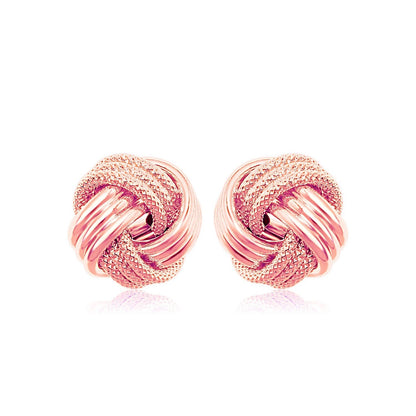 14k rose gold love knot earrings with ridge texture by Avera Group