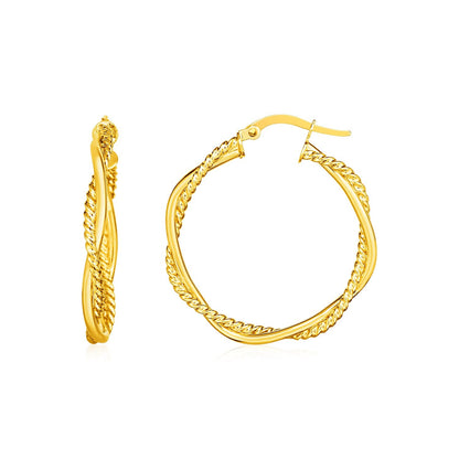 14k yellow gold two part textured twisted round hoop earrings by Avera Group