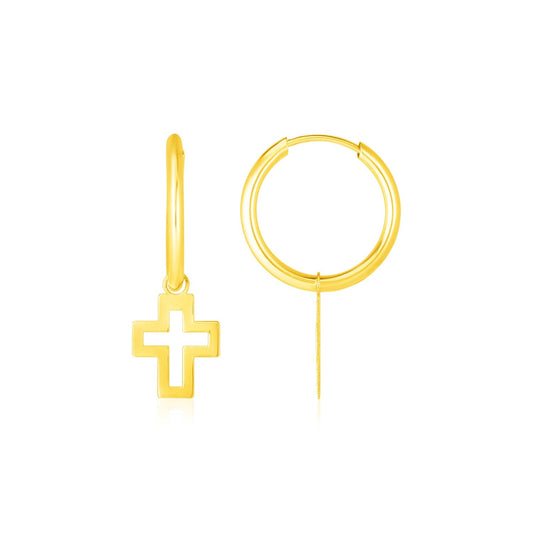 14k yellow gold polished hoop earrings with cross charms by Avera Group
