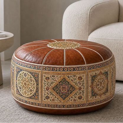 Bohemian ottoman pouf cover with water-resistant PU leather top — cover only; filling not included