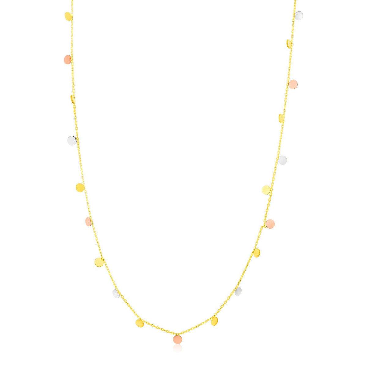 3mm dangling circles in yellow, white and rose gold on an 18 inch chain, Avera Group
