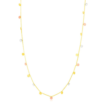 3mm dangling circles in yellow, white and rose gold on an 18 inch chain, Avera Group