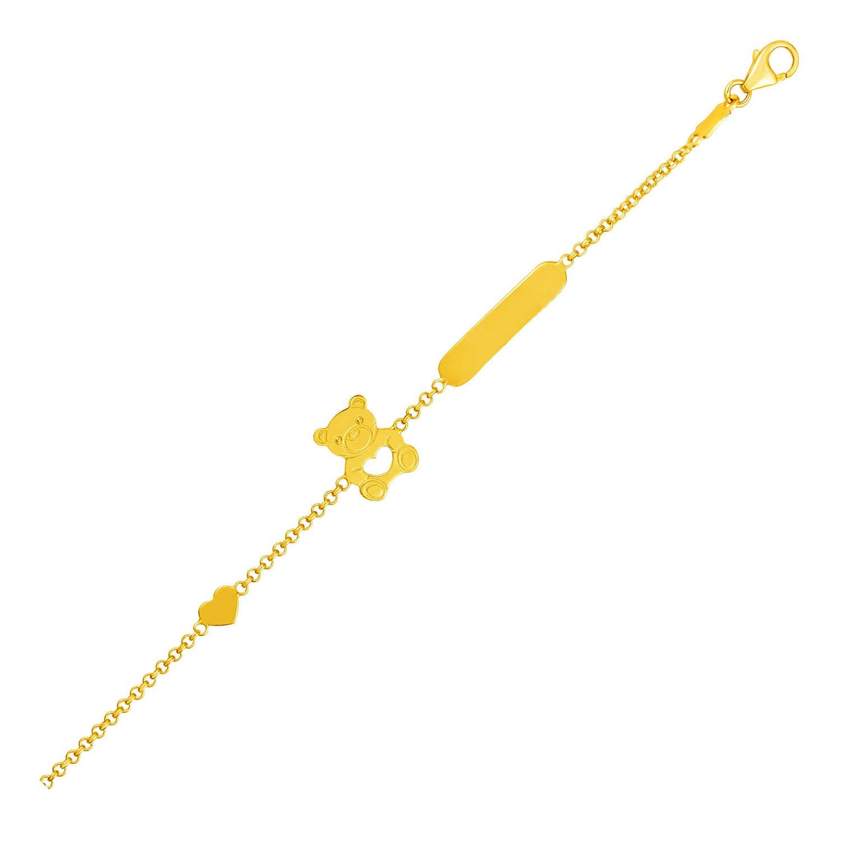 14k yellow gold children's bracelet with teddy bear, heart and bar, Avera Group