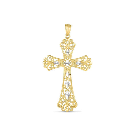 14k two-tone gold diamond-cut cross pendant, 1.75 x 1.00 inch, by Avera Group