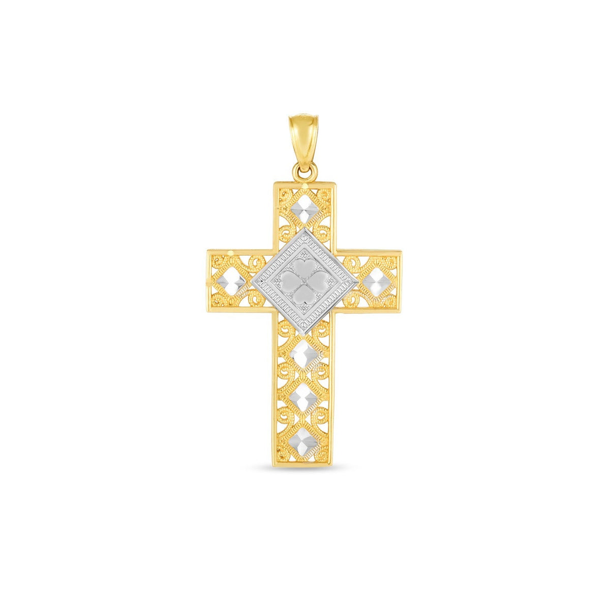 14k two-tone gold diamond-cut cross pendant, 1.50 x 0.75 inch, by Avera Group