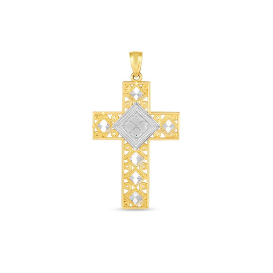 14k two-tone gold diamond-cut cross pendant, 1.50 x 0.75 inch, by Avera Group