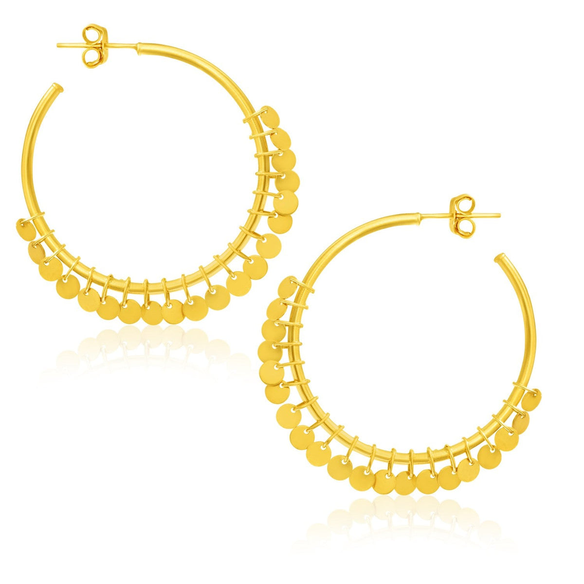 14k yellow gold hoop earrings with dangling round sequins, 1.5x30mm by Avera Group
