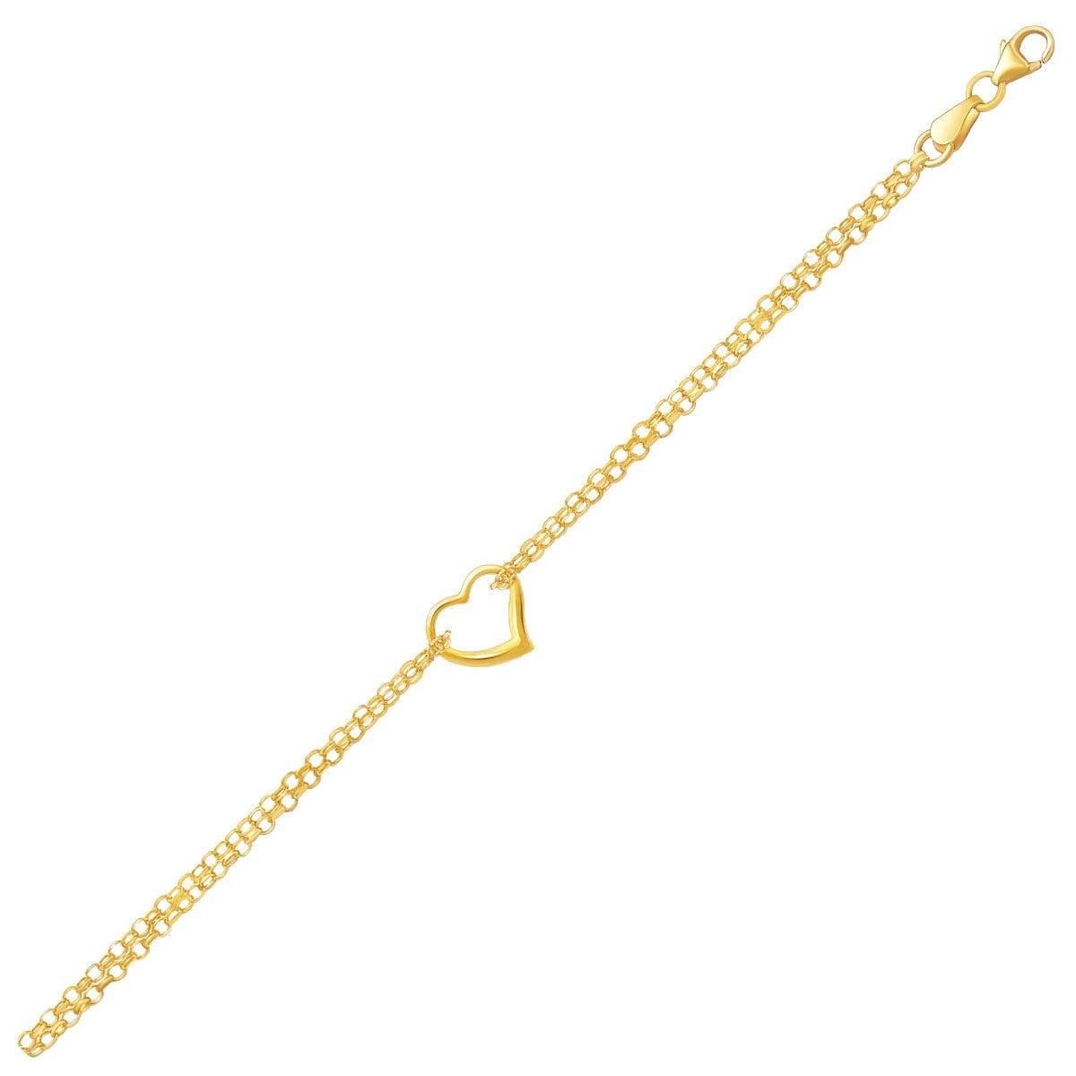 10k Yellow Gold Double Rolo Chain Anklet with an Open Heart Station, Avera Group