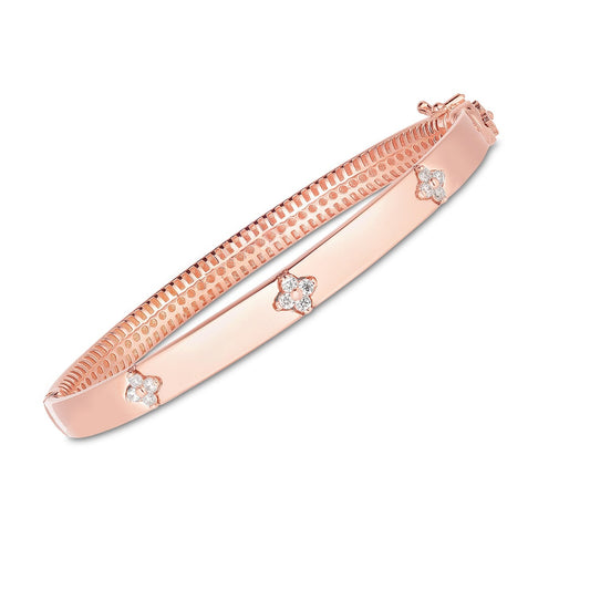 14k rose gold trilogy diamond bangle, high polish, by Avera Group