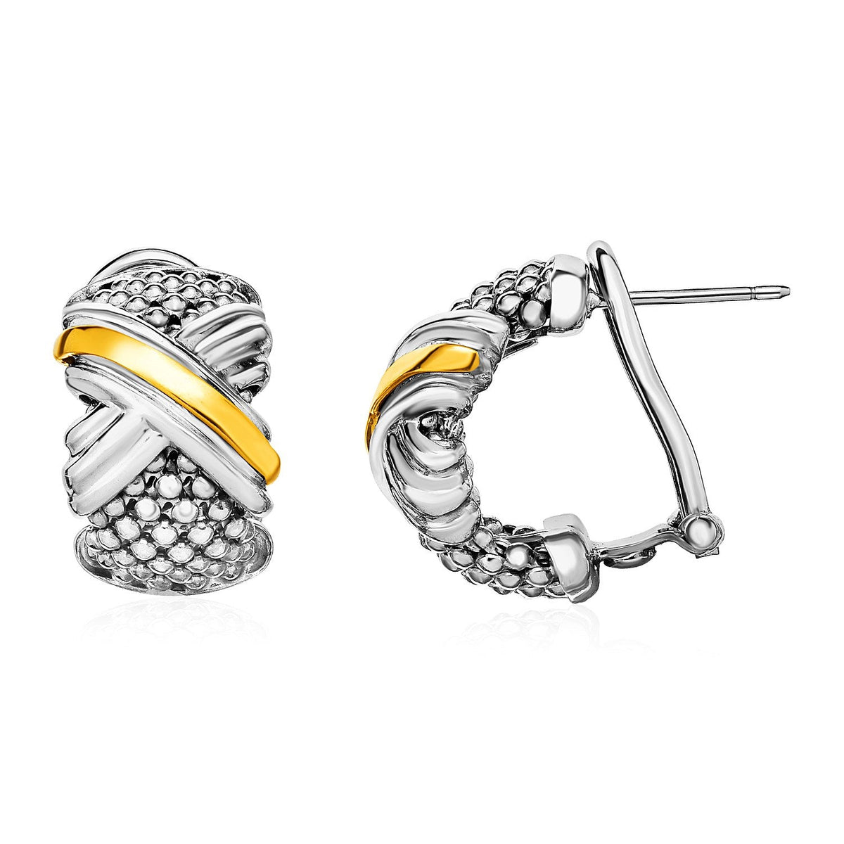 Popcorn Texture Earrings with X Motif in Sterling Silver and 18k Yellow Gold by Avera Group