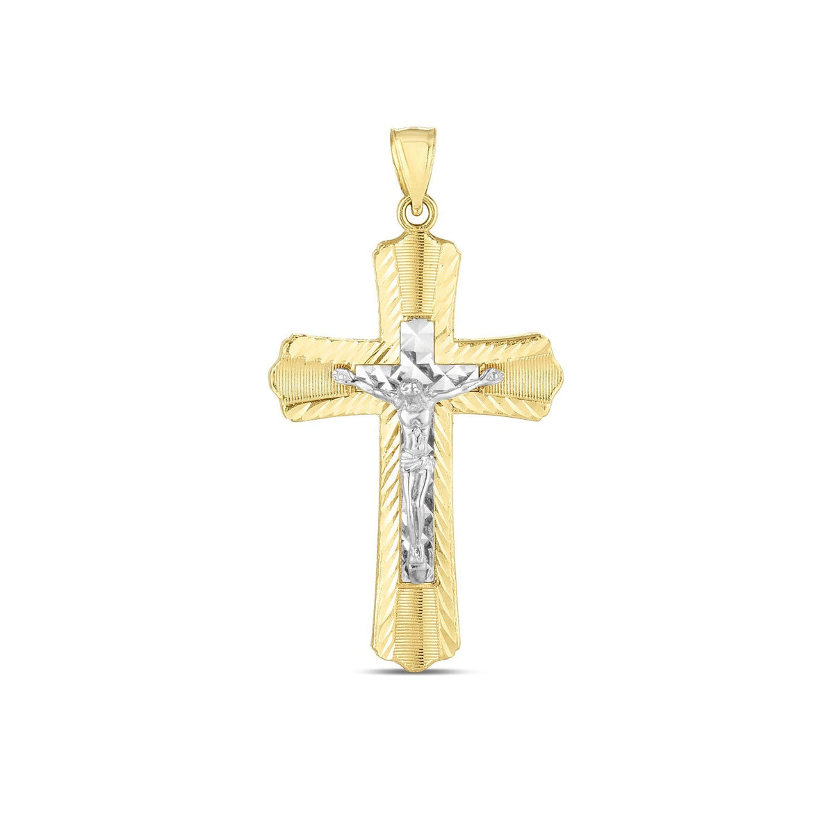 14k two-tone gold diamond-cut cross pendant, 1.75 x 0.75 inch, by Avera Group