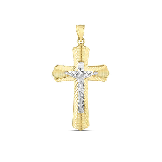 14k two-tone gold diamond-cut cross pendant, 1.75 x 0.75 inch, by Avera Group