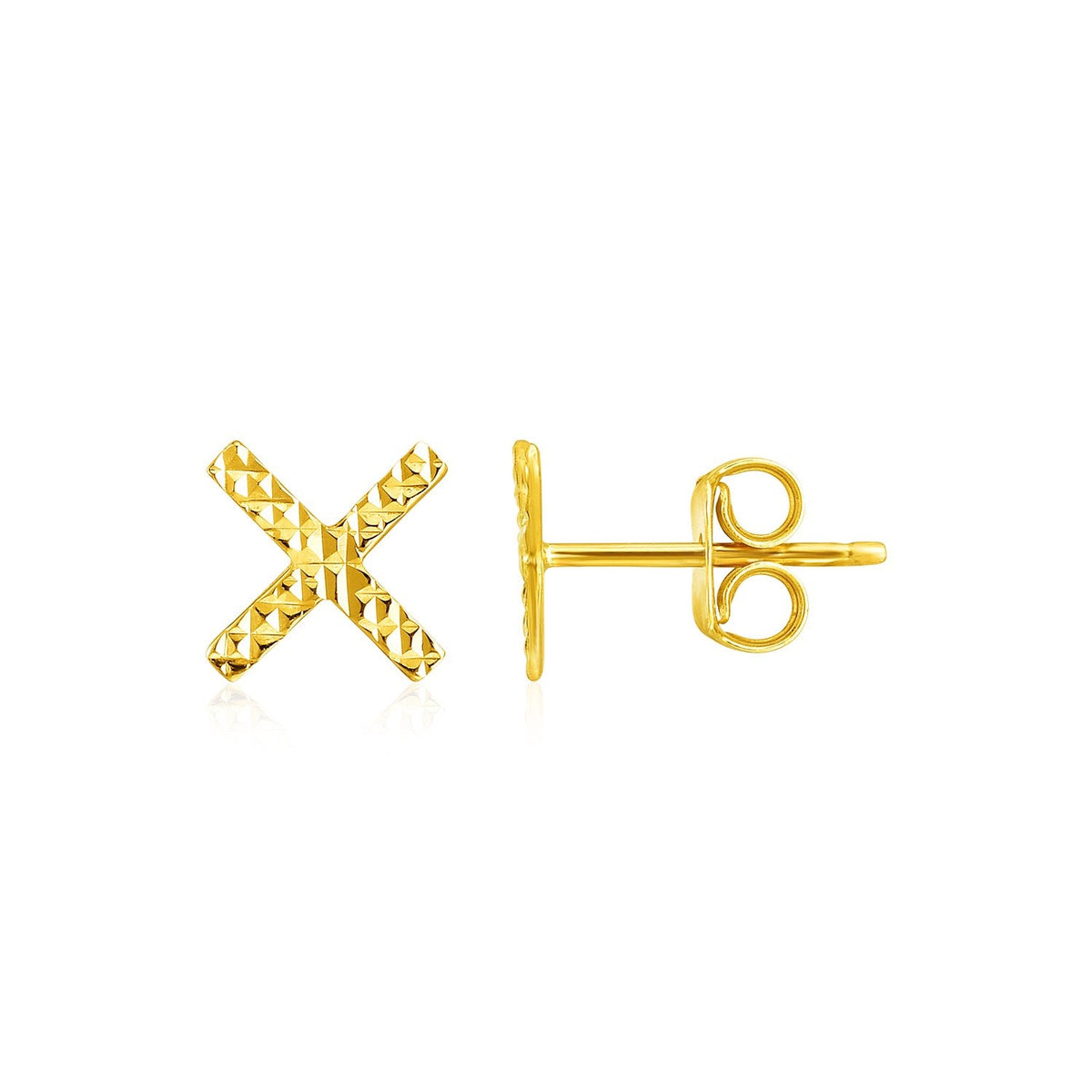 14k yellow gold textured X post earrings by Avera Group