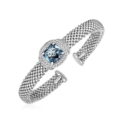 Popcorn Texture Cuff Bangle with Blue Topaz and Diamonds in Sterling Silver (8.00 mm) by Avera Group