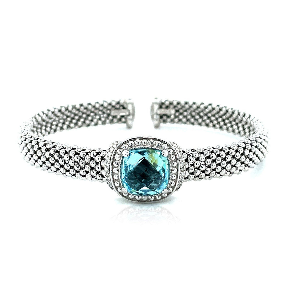 Popcorn Texture Cuff Bangle with Blue Topaz and Diamonds in Sterling Silver (8.00 mm) by Avera Group