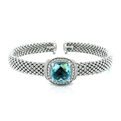 Popcorn Texture Cuff Bangle with Blue Topaz and Diamonds in Sterling Silver (8.00 mm) by Avera Group