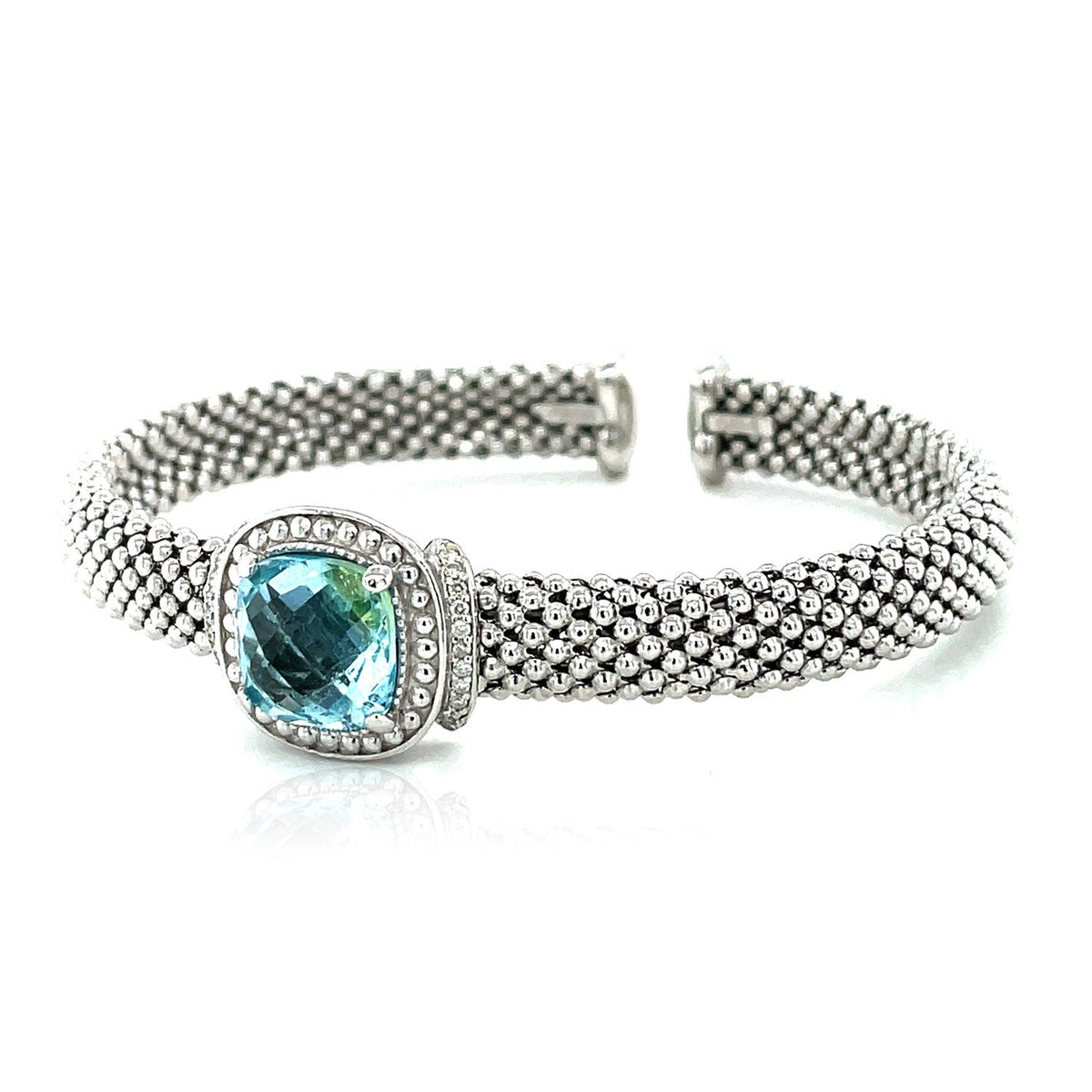 Popcorn Texture Cuff Bangle with Blue Topaz and Diamonds in Sterling Silver (8.00 mm) by Avera Group