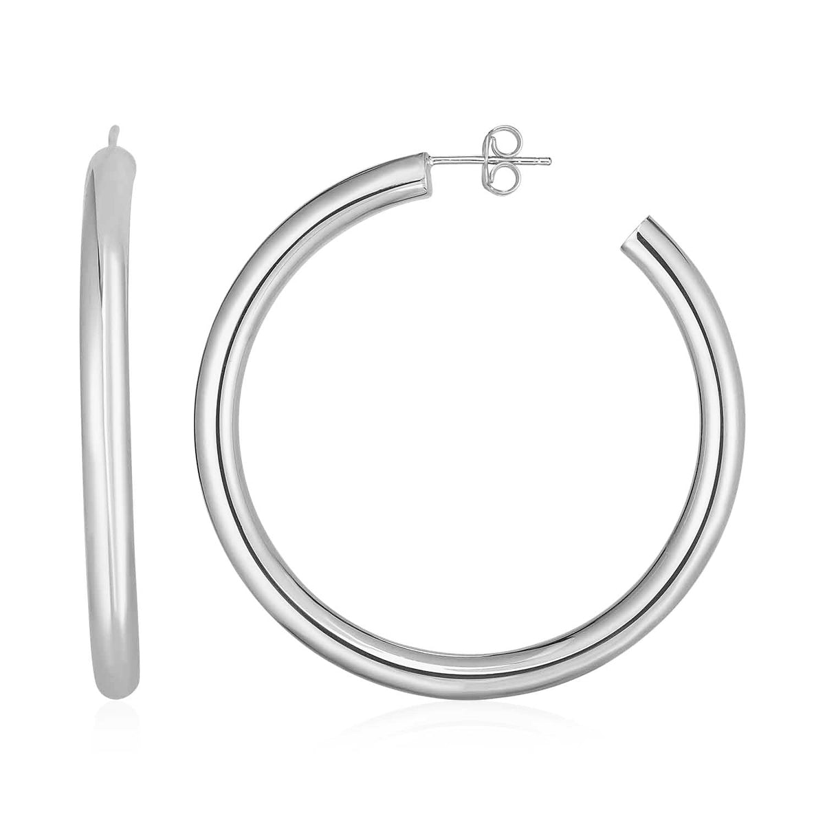 14k white gold polished hoop earrings with push backs, 4x40mm, Avera Group