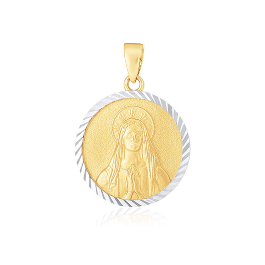14k two-tone gold textured round religious medal pendant, 0.88 inch, by Avera Group