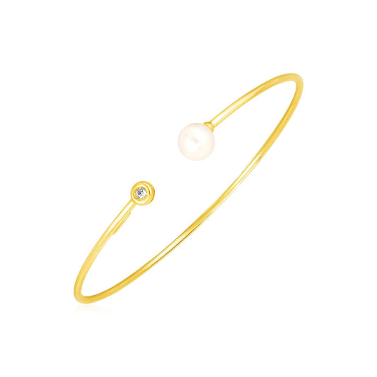14k yellow gold cuff bangle with pearl and diamond, Avera Group