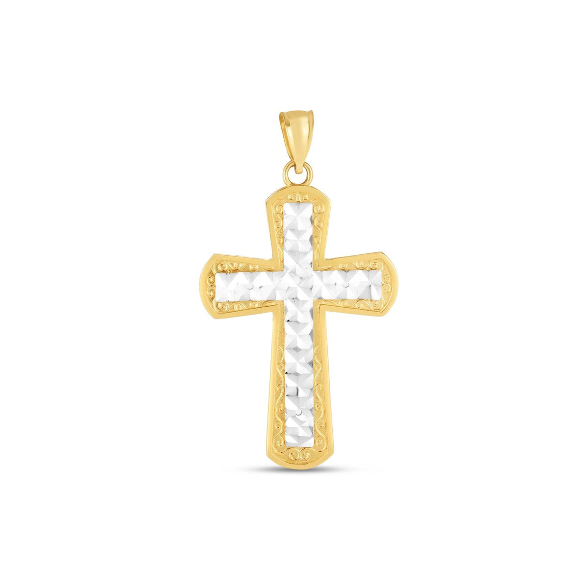 14k two-tone gold diamond-cut cross pendant, 1.50 x 0.88 inch, by Avera Group