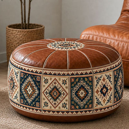 Bohemian ottoman pouf cover with water-resistant PU leather top — cover only; filling not included