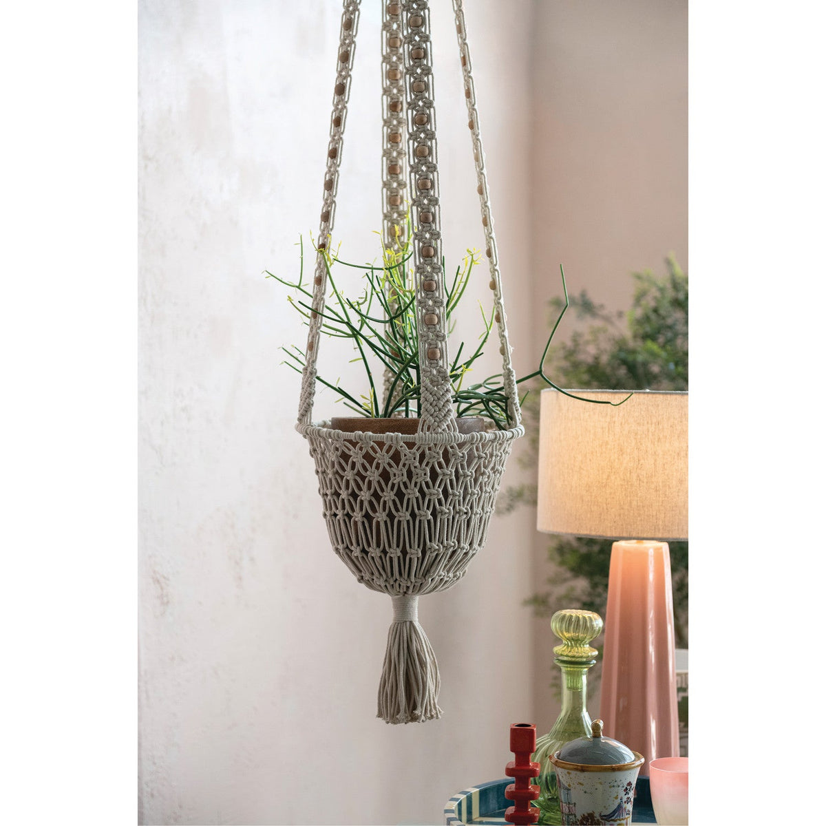Cotton Macrame Plant Hanger with Wood Beads & Tassel by Rust & Cinder