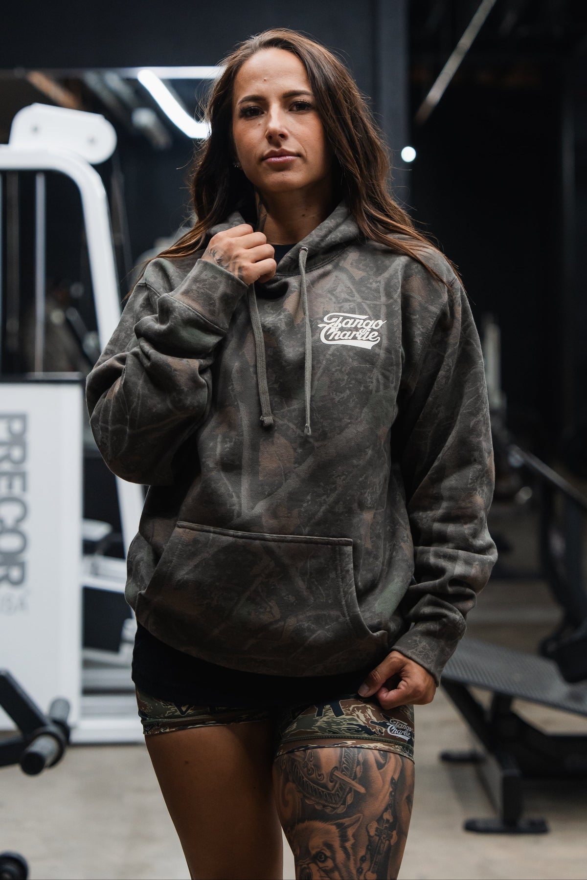 Lift Heavy. Trust God. - Premium Darkwood Camo Hoodie by Tango Charlie Apparel