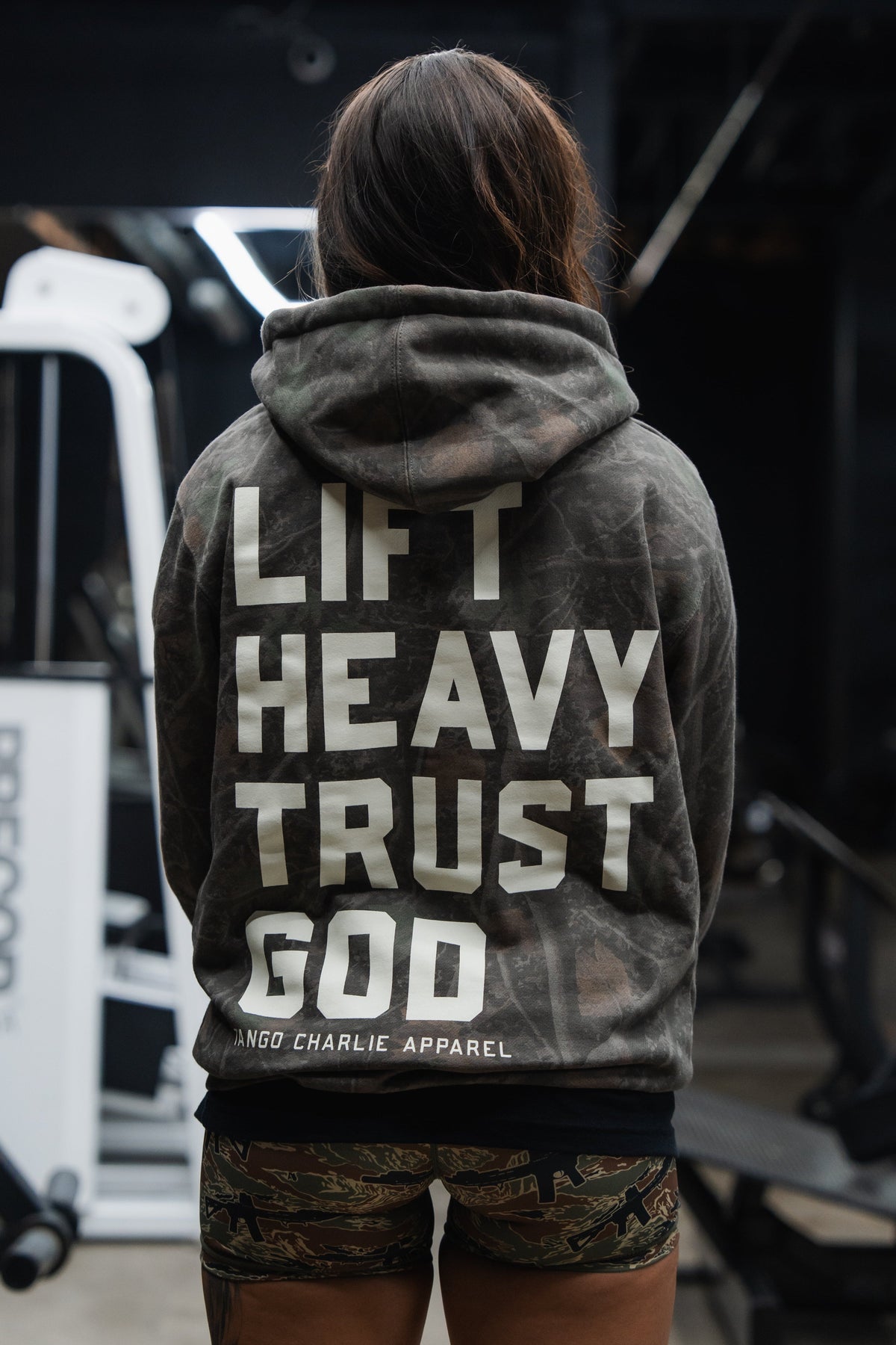 Lift Heavy. Trust God. - Premium Darkwood Camo Hoodie by Tango Charlie Apparel