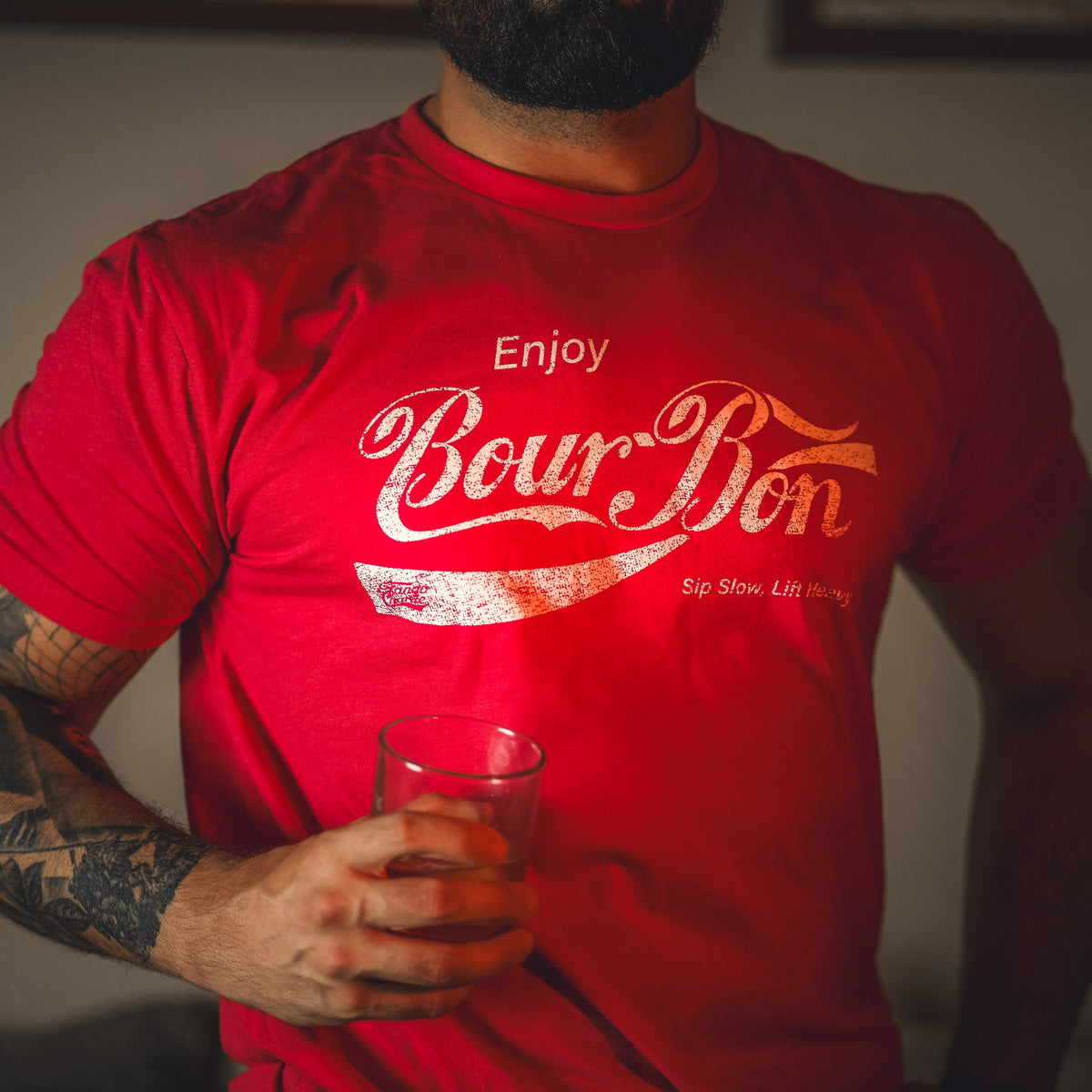 Bourbon "Sip Slow, Lift Heavy" Red - Tee by Tango Charlie Apparel