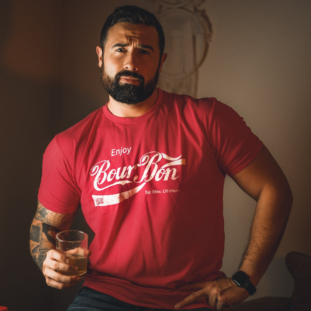 Bourbon "Sip Slow, Lift Heavy" Red - Tee by Tango Charlie Apparel