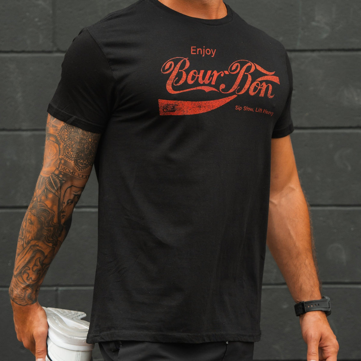 Bourbon "Sip Slow, Lift Heavy" Black - Tee by Tango Charlie Apparel