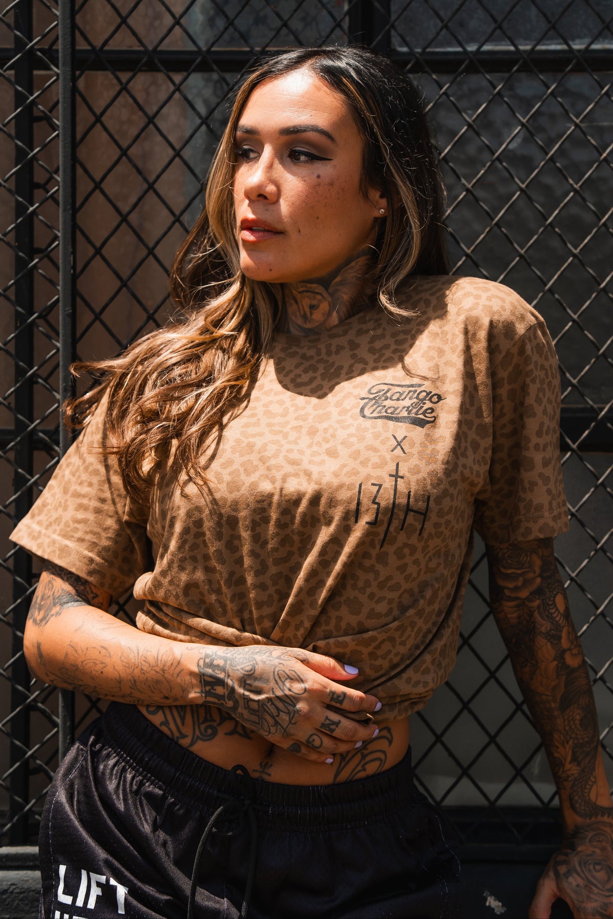 Lift Heavy. Pray Hard. Chestnut Leopard - Tee by Tango Charlie Apparel