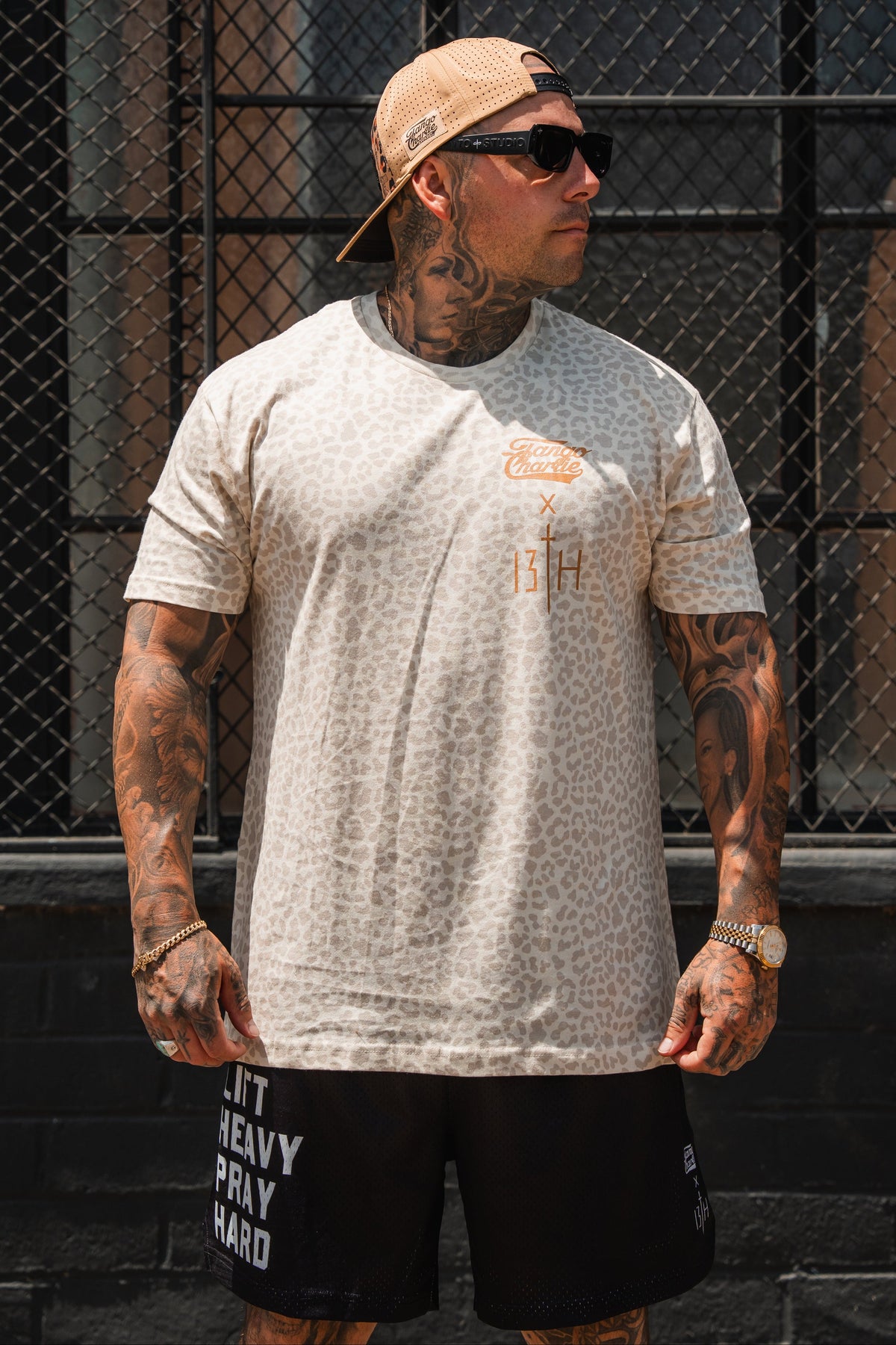 Lift Heavy. Pray Hard. Cream Leopard - Tee by Tango Charlie Apparel