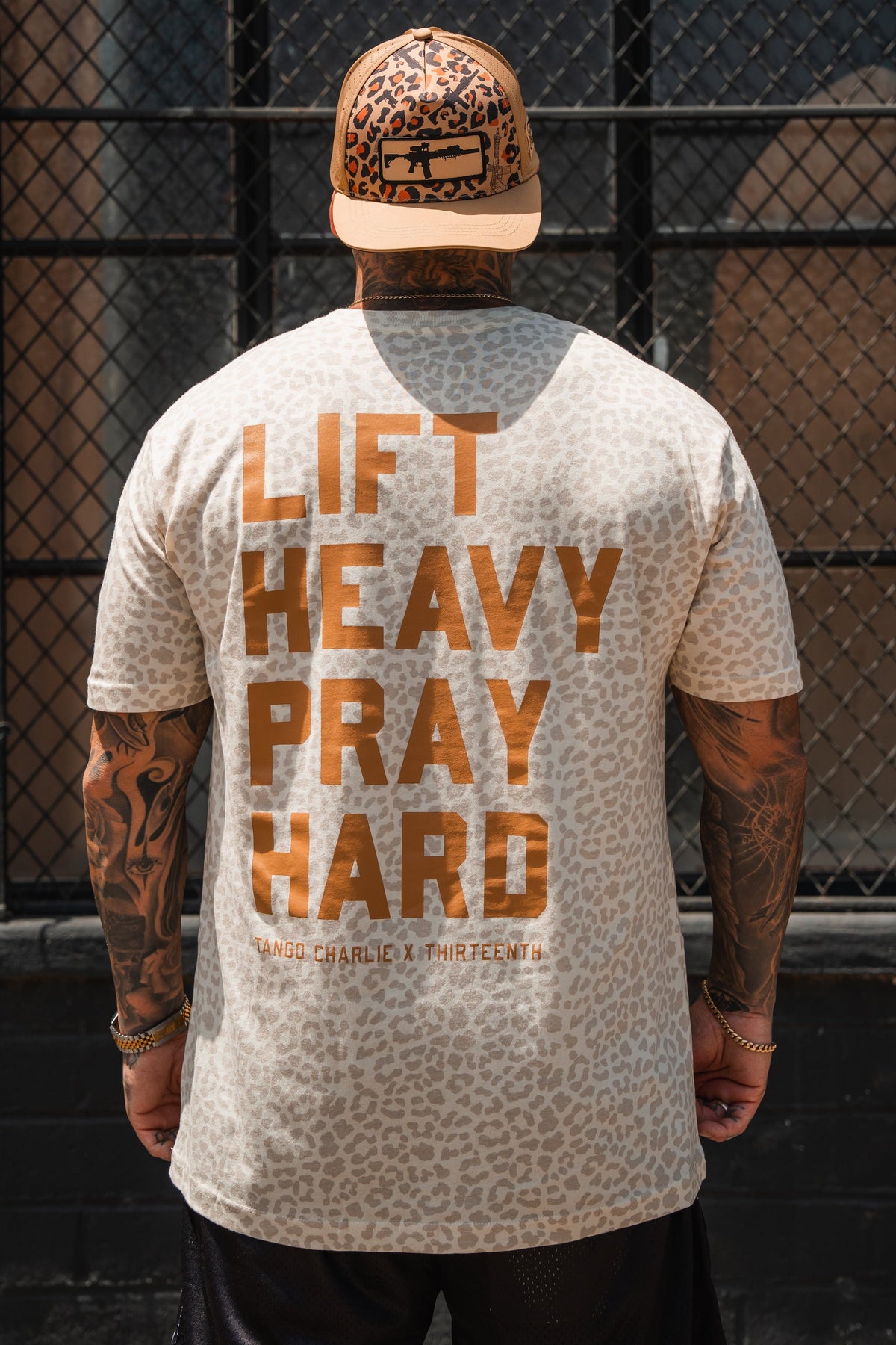 Lift Heavy. Pray Hard. Cream Leopard - Tee by Tango Charlie Apparel