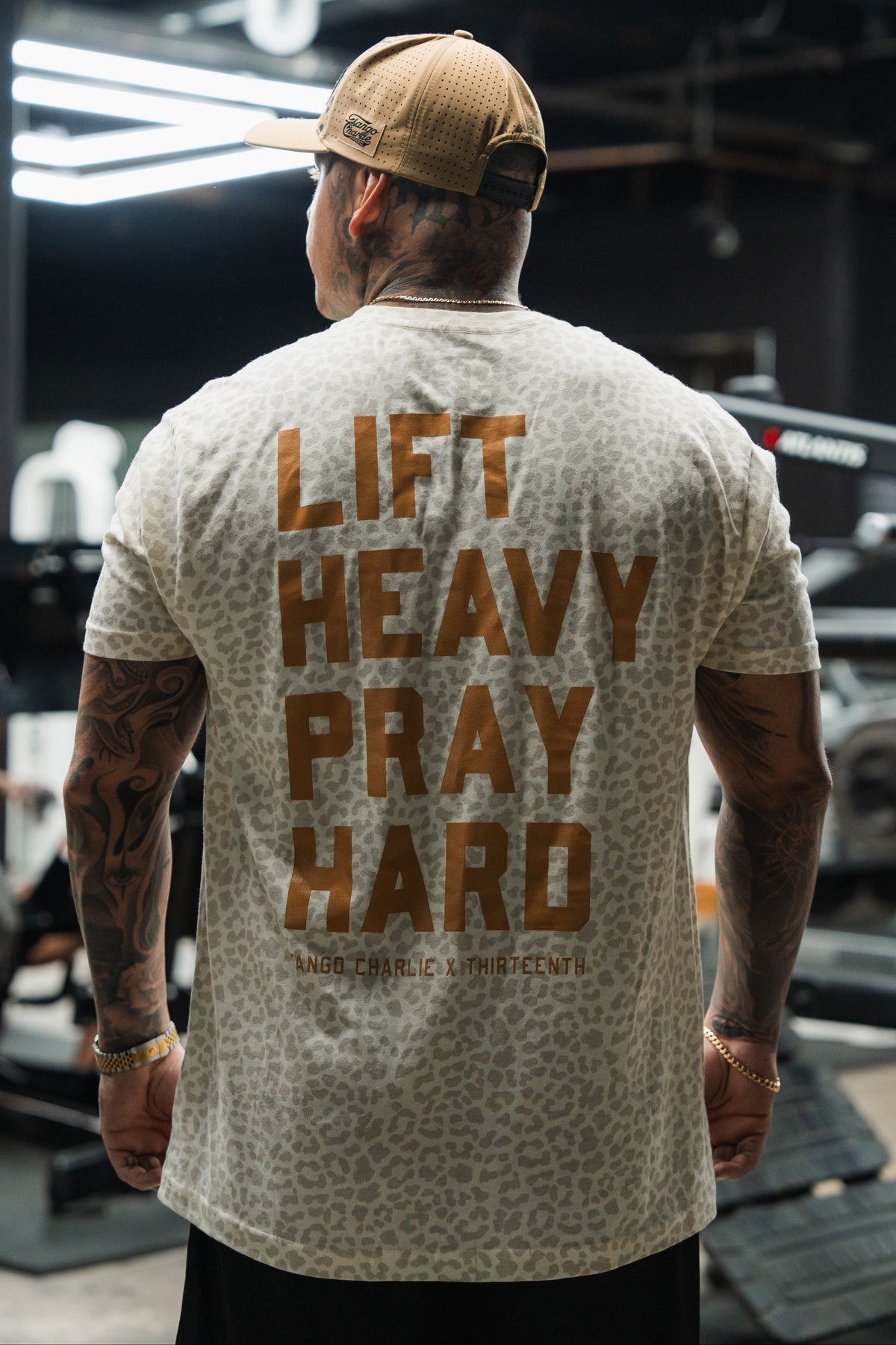 Lift Heavy. Pray Hard. Cream Leopard - Tee by Tango Charlie Apparel