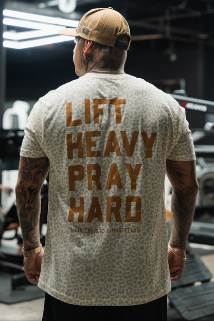 Lift Heavy. Pray Hard. Cream Leopard - Tee by Tango Charlie Apparel