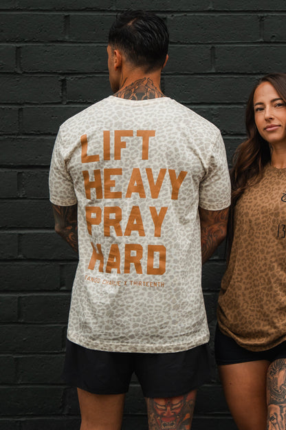 Lift Heavy. Pray Hard. Cream Leopard - Tee by Tango Charlie Apparel