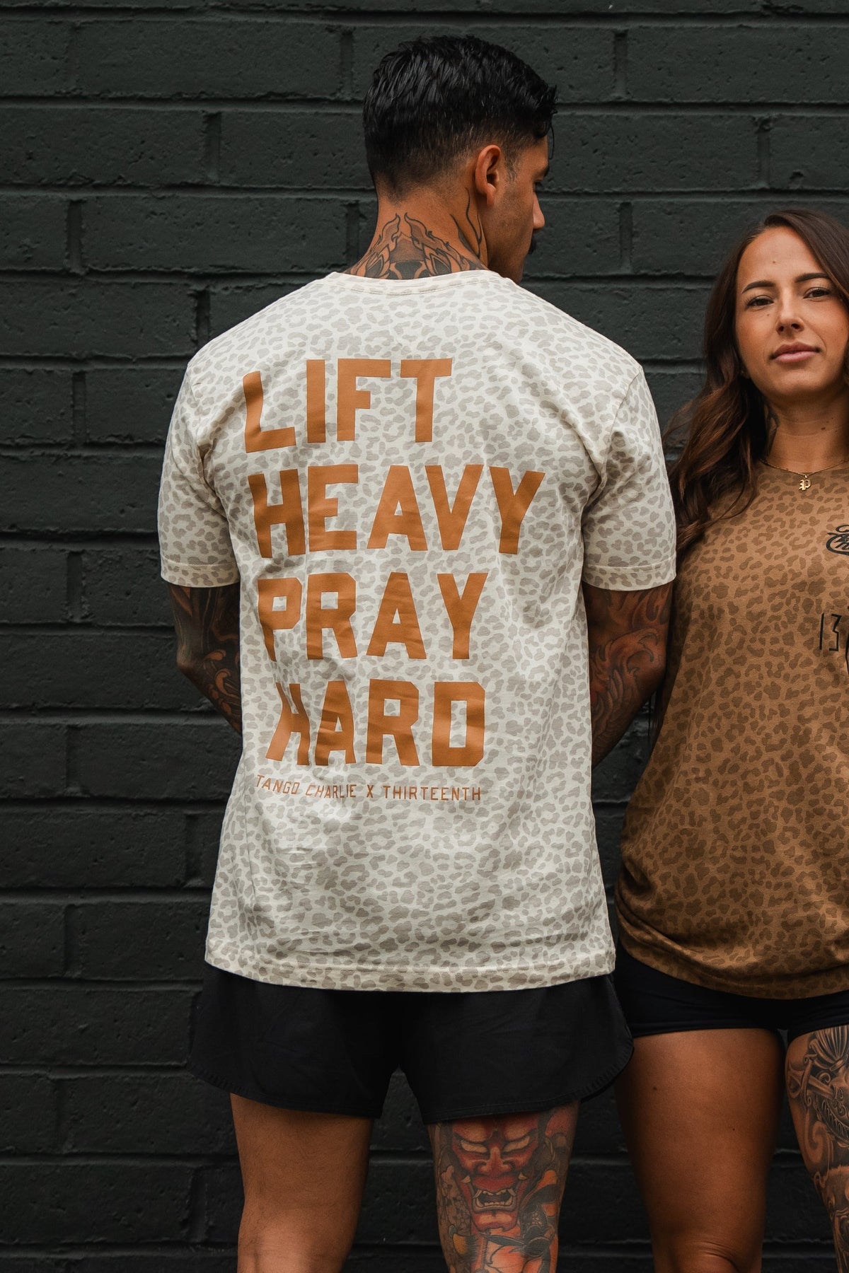 Lift Heavy. Pray Hard. Cream Leopard - Tee by Tango Charlie Apparel