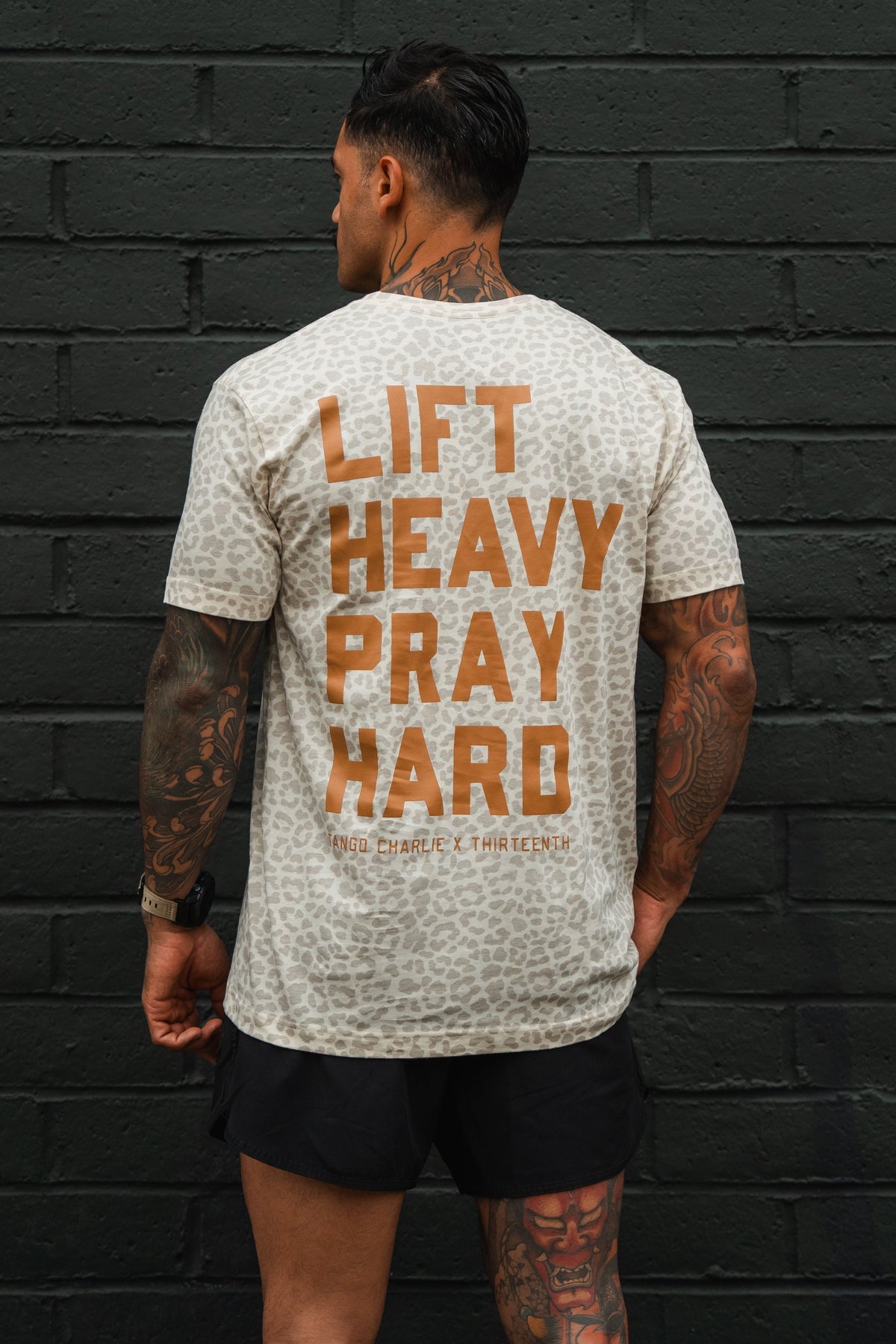 Lift Heavy. Pray Hard. Cream Leopard - Tee by Tango Charlie Apparel