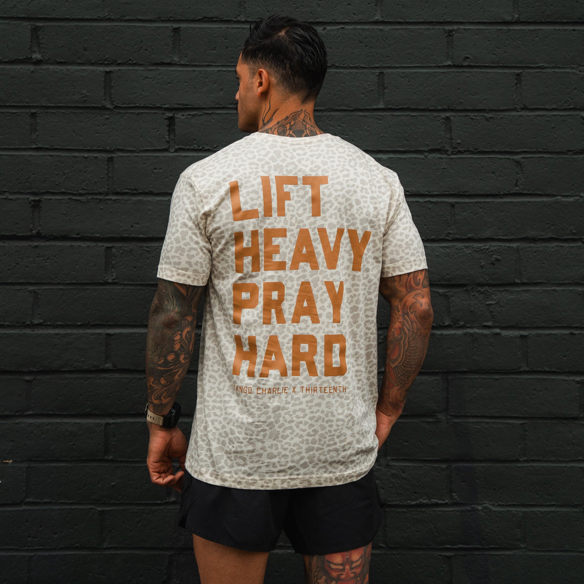 Lift Heavy. Pray Hard. Cream Leopard - Tee by Tango Charlie Apparel
