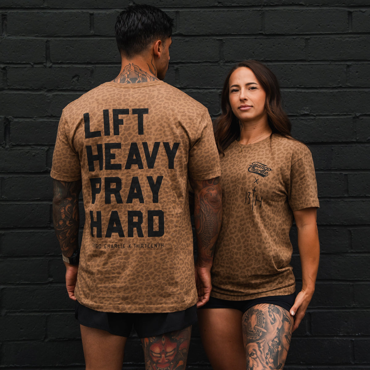 Lift Heavy. Pray Hard. Chestnut Leopard - Tee by Tango Charlie Apparel