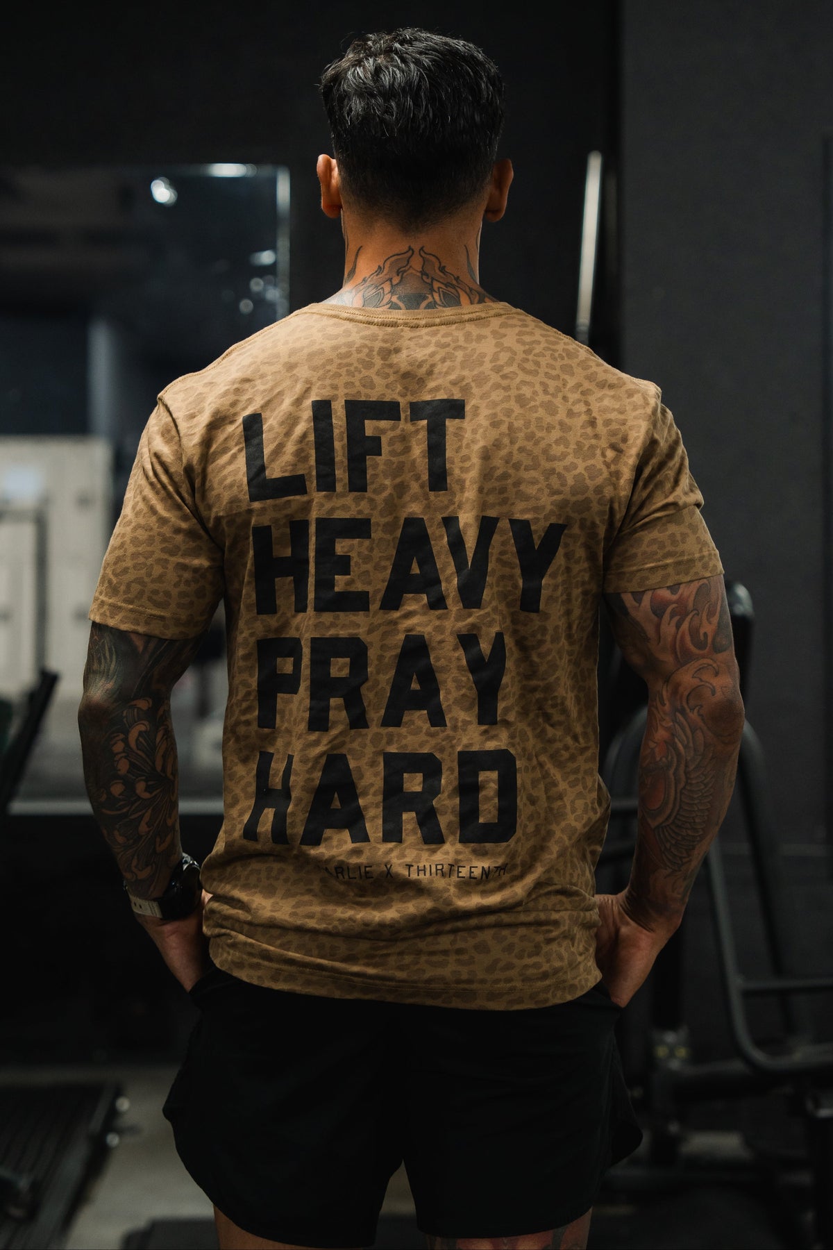 Lift Heavy. Pray Hard. Chestnut Leopard - Tee by Tango Charlie Apparel