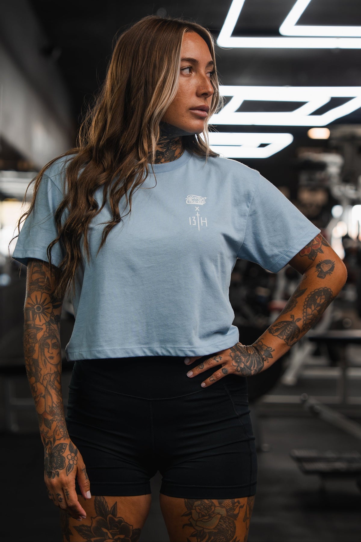 Lift Heavy. Pray Hard. - Baby Blue Women's Crop Tee by Tango Charlie Apparel