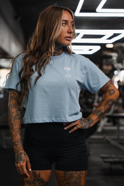 Lift Heavy. Pray Hard. - Baby Blue Women's Crop Tee by Tango Charlie Apparel