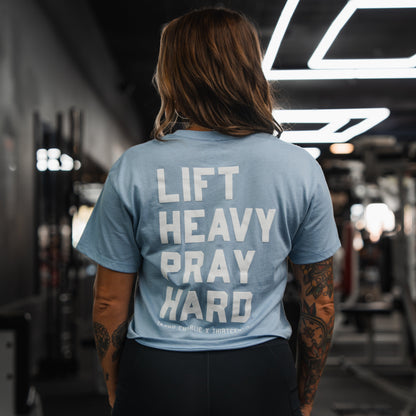 Lift Heavy. Pray Hard. - Baby Blue Women's Crop Tee by Tango Charlie Apparel