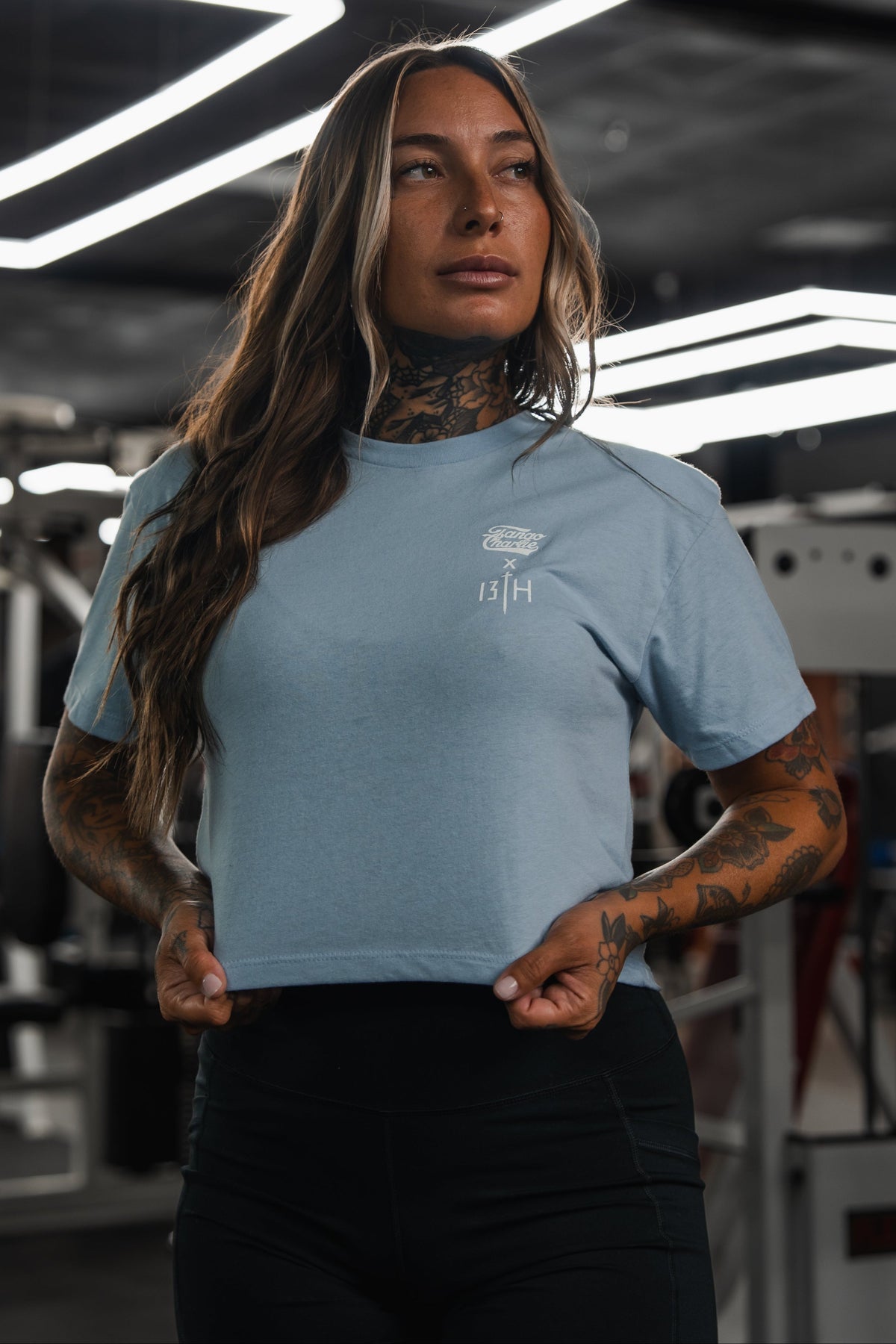 Lift Heavy. Pray Hard. - Baby Blue Women's Crop Tee by Tango Charlie Apparel