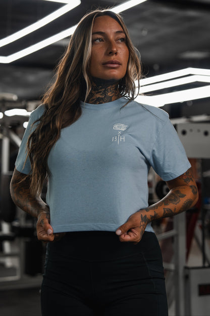 Lift Heavy. Pray Hard. - Baby Blue Women's Crop Tee by Tango Charlie Apparel