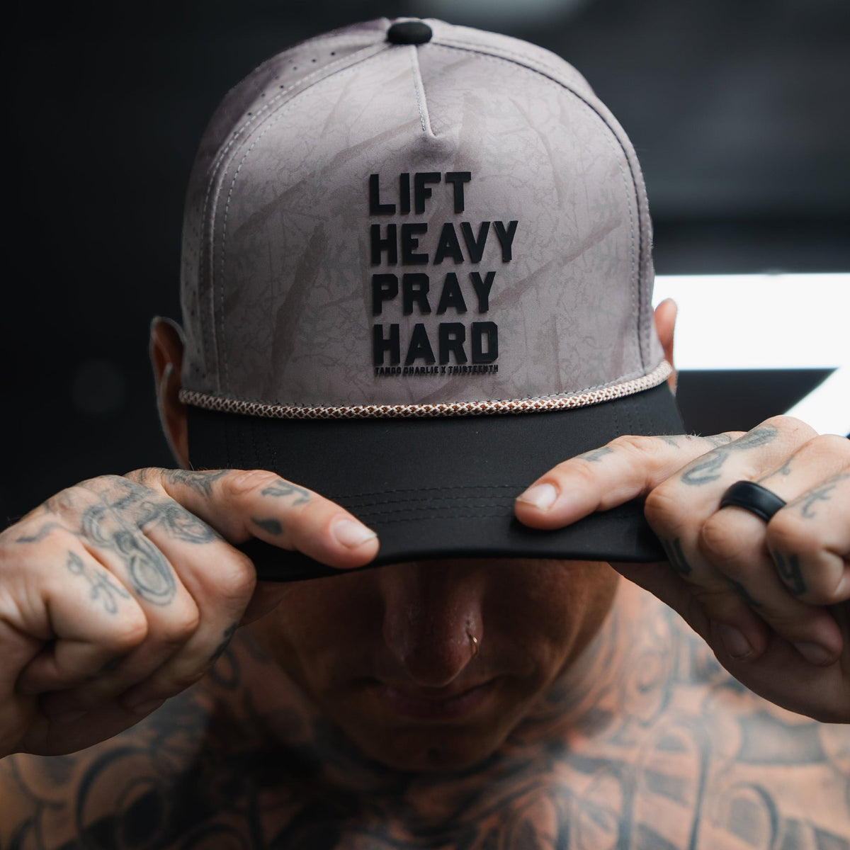 Lift Heavy. Pray Hard. Deadwood Camo Hydro - Snapback Hat by Tango Charlie Apparel